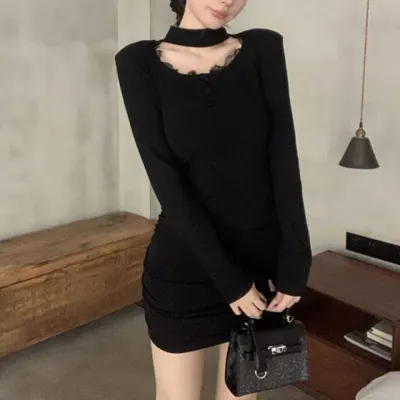 블랙 초커원피스 미니원피스 클럽룩 파티룩 여성 슬림핏 데이트룩 연말룩 셔링