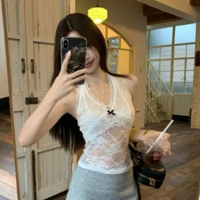 레이스 시스루 홀터넥 크롭탑 여성 여름 민소매 이너웨어