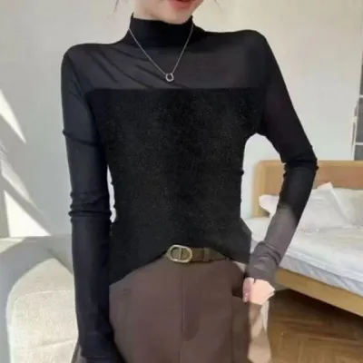시스루 벨벳 긴팔 티셔츠 반목 이너 홈웨어 데일리 상의