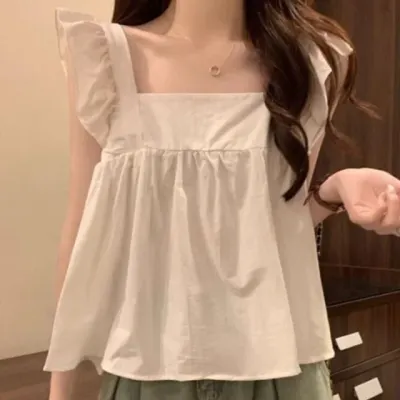 스퀘어넥 프릴 민소매 플라워 귀여운 블라우스 데일리룩 하객룩