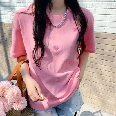 하트 자수 라우드 루즈핏 여성 여름 반팔티 티셔츠 여자반팔티 여성반팔티