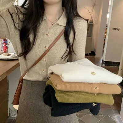 잔골지 여성 긴팔 니트 카라 가디건 봄 가을 캐주얼룩