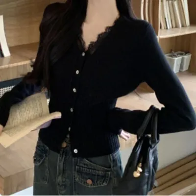 브이넥 레이스 슬림 러블리 니트 가디건 니트티 페미닌룩 데일리룩