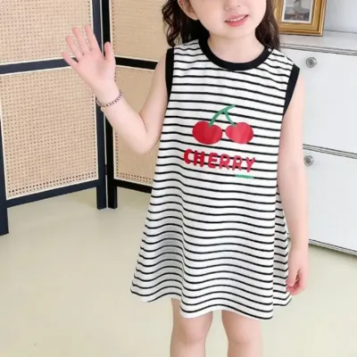 여아 여름 민소매 스트라이프 블랙 나시 체리 원피스
