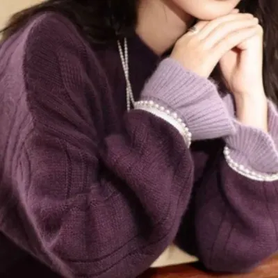 진주 소매 스웨터 라운드 퍼프소매 루즈핏