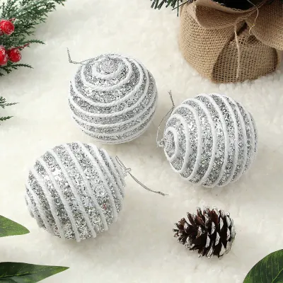 로열실버 글리터 장식볼 3p(8cm) (가로로프)