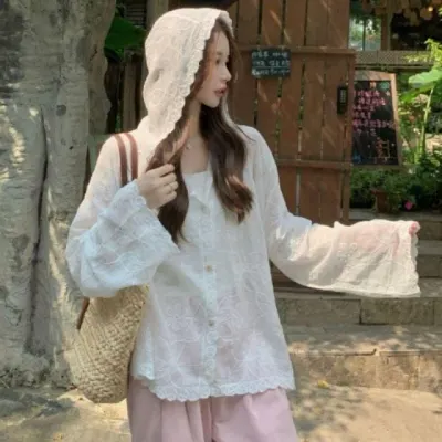 플라워 자수 시스루 가디건 여성 여름 긴팔 얇은 겉옷