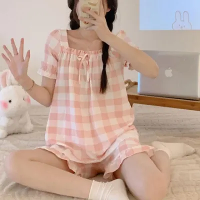여성 여름 프릴 체크 핑크 홈웨어 파자마 잠옷 상하세트
