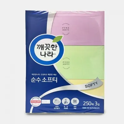 화장대 화장실 거실 순수 소프티 곽티슈 250매 3입 각티슈 미용 휴지 3겹 화장지