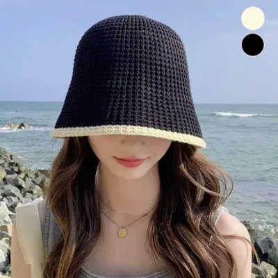 데일리 배색 짜임 벙거지 여성용 여름 챙모자 버킷햇