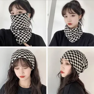 여성 체커보드 니트 방한 넥워머 마스크 비니모자