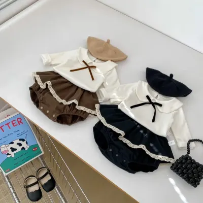 여자아기옷 Ins 신상 여자 아기 봄 시즌 달콤한 세트 리본 카라 긴팔 셔츠 레이스 바