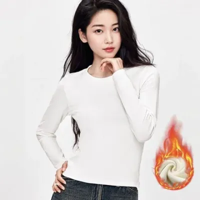 여성 기모 긴팔티 슬림핏 면 티셔츠 세미크롭 스판 상의