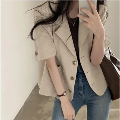 쥬디제이 반팔자켓 여름자켓 린넨자켓 여성여름자켓 라운드 여성 여자 노카라 쟈켓 반팔 재킷 여름