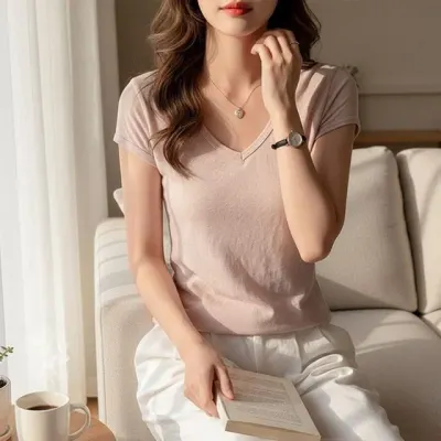 여성 여름 브이넥 반팔 티셔츠 핑크 슬림핏 기본 티셔츠