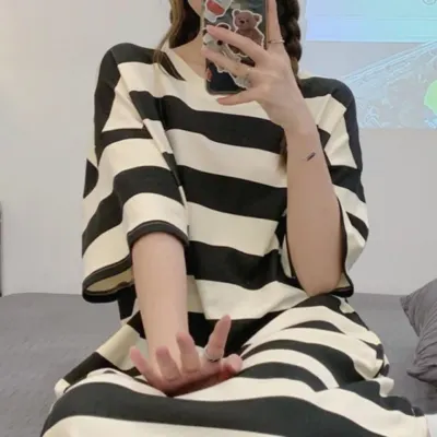 귀여운 여성 반팔 롱 원피스 수면 잠옷 홈웨어 파자마
