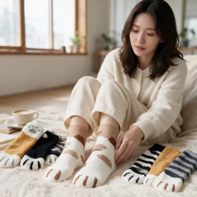 고양이 수면양말 털양말 긴목 중목 방한 실내용 겨울 발보온 실내보온 삭스