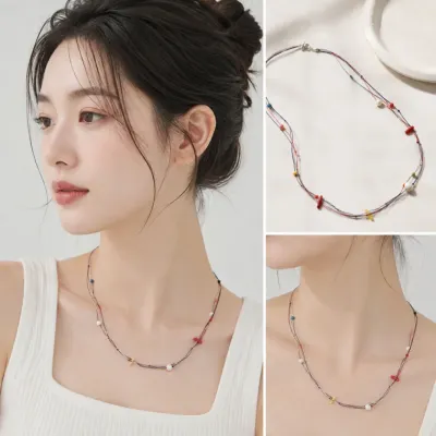 레이어드 구슬 우드 매듭 하와이안 해변 동남아 소품샵 목걸이 초커 보헤미안 빈티지 매듭 끈