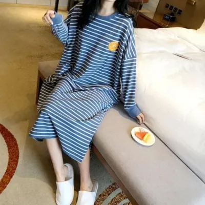 스트라이프 긴팔 원피스 잠옷 파자마 단가라원피스 스트라이프원피스 홈웨어원피스 잠옷 긴팔원피스