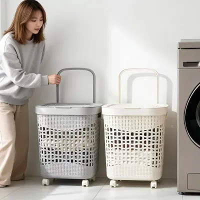 빨래바구니 메쉬 이동식 바퀴 손잡이형 세탁 빨래통 정리함 욕실 거실 45L