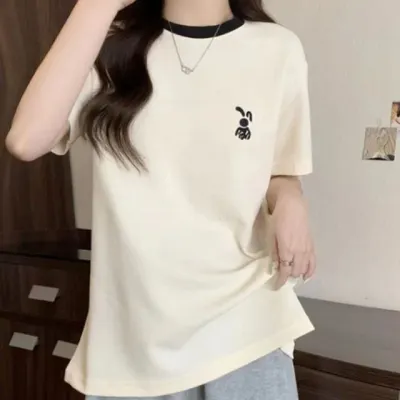 귀여운 배색 토끼 오버핏 반팔 여름 티셔츠 여성면티 라운드티