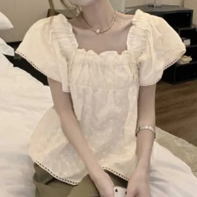 여성 스퀘어넥 레이스 블라우스 프릴 반팔 셔링 플레어 여름 러블리 블라우스