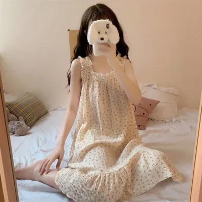 시원한 시어서커 체리 민소매 나시 원피스 홈웨어 잠옷