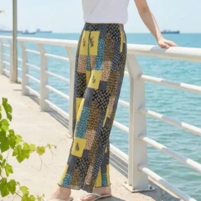 여름 잠옷 바지 여성 냉감 까실이 몸빼 촌캉스 빈티지 패치워크 플 밴딩팬츠 통바지 항아리바지 이단주