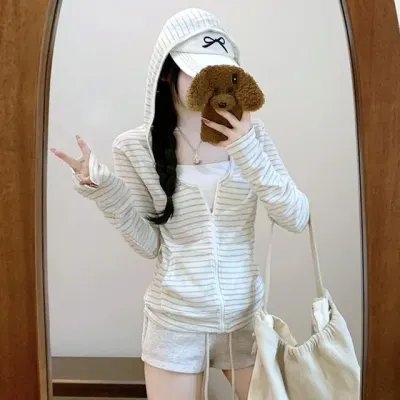 여성 여름 단가라 스트라이프 후드 집업 집업 가디건 탑