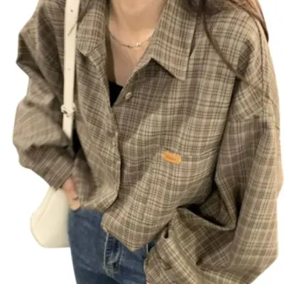 여성셔츠 브라운셔츠 체크 데일리룩 긴팔 캐주얼 오버핏 남방 블라우스 가을