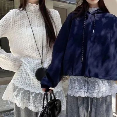 시스루 블라우스 반목 프릴 레이스 티셔츠 레이어드 루즈핏 상의