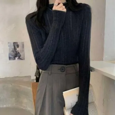 목폴라 티셔츠 여성 시스루 긴팔 이너 슬림핏 넥타이 탑