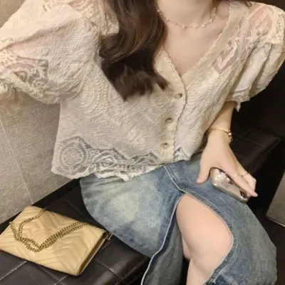 레이스 배색 포인트 퍼프소매 여름 반팔가디건 2컬러 여성 반팔니트 가디건 상의