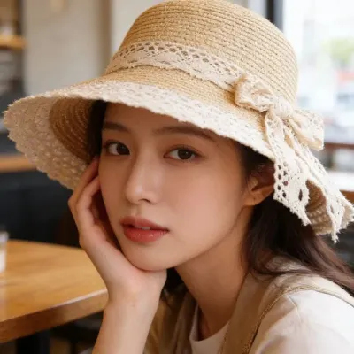 여성 밀짚 모자 리본 레이스 바캉스 여름 해변 리조트 휴가용 아이템