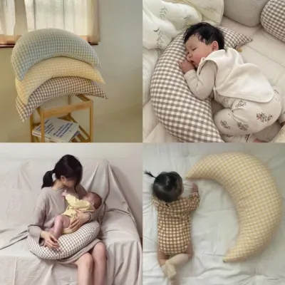 아기반달쿠션 Ins 아기 면화 쿠션 어린이 거짓말 베개 귀여운 격자 무늬 달 베개 수면 베