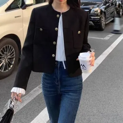 트위드 재킷 크롭 숏 자켓 간절기 노카라 아우터