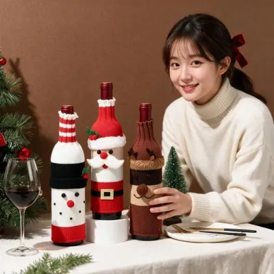 크리스마스 와인병 커버 산타 루돌프 눈사람 장식용 니트 파우치 와인