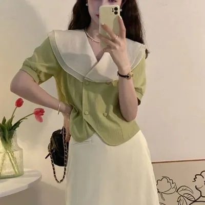쉬폰 레이스 카라 숏 정장 러블리 하객룩 브라우스 여성블라우스셔츠 여자와이셔츠