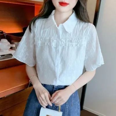 카라 자수 프릴 블라우스 캐주얼 데일리 여름 반팔 펄블라우스