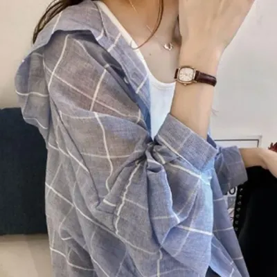 하늘색셔츠 루즈핏 긴팔 블라우스 오버핏 체크 남방 여자셔츠 여름남방