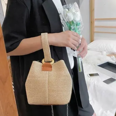 체인 스트랩 밀짚 숄더백 고리형 미니 가방 크로스백