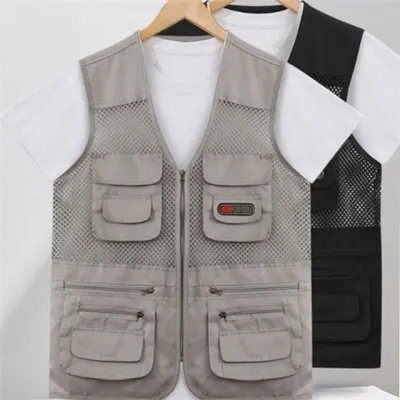 남성 아웃도어 조끼 남성 메쉬 조끼 통기성 포켓 다용도 등산 폴리에스터 사계절 베스트 캐주얼 경량 낚시