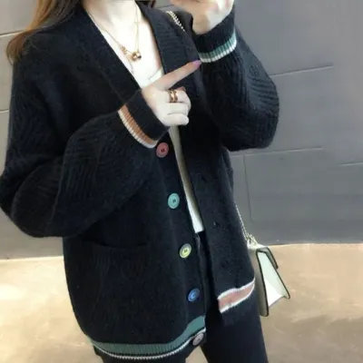 컬러 무지개 버튼 도톰 브이넥 니트 가디건 외투 여자롱가디건 여성롱가디건