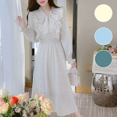 플라워 롱 원피스 긴팔 밴딩 프릴 러플 봄 가을 드레스