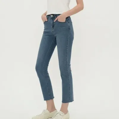 밑단 컷팅 일자 스판 데님팬츠 청바지 여성데님팬츠 스판데님팬츠
