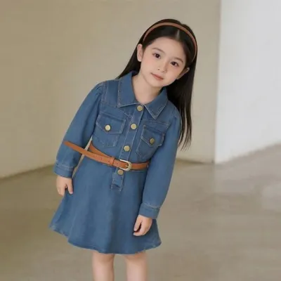 여아 아동 어린이 긴팔 중청 데님 청 셔츠 카라 원피스