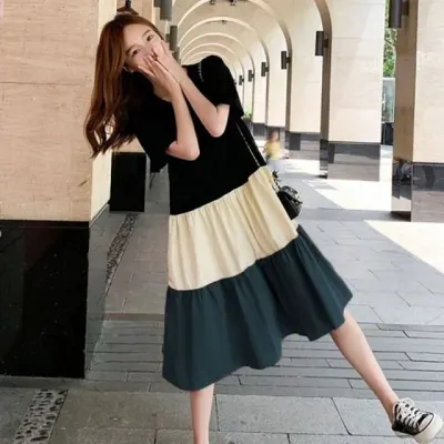 여성 롱원피스 반팔 배색 홈웨어 휴가철 바캉스 의류
