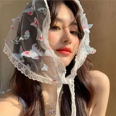 여성 두건 스카프 레이스 나비 머리 스카프 데일리 망사 패션 헤어 헤어밴드 디자인 프린트 머리띠 휴양지