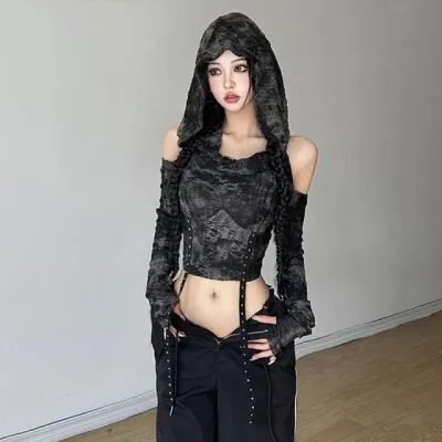 긴팔 후드티 크롭 데미지 트임 맨투맨 티셔츠 프린팅 끈 스트링