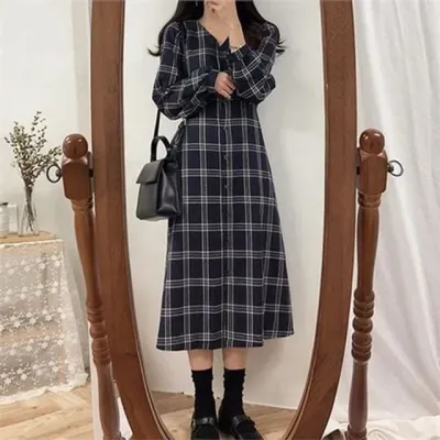 빅사이즈 여성 체크 롱 원피스 루즈핏 여성 캐주얼 원피스 데일리